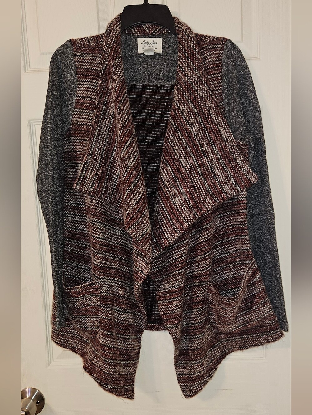 Lucky Brand Maroon and Grey Open-Front Draped Cardigan